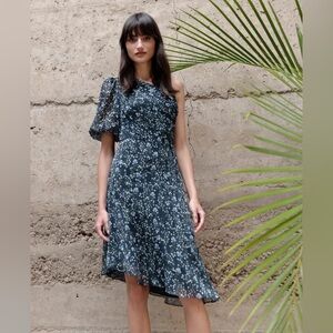 NWT Jenny Yoo Jasmine One-Shoulder Floral Puff Sleeve Asymmetrical Dress